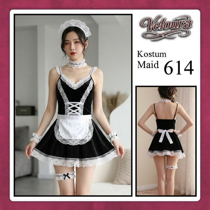 Veloura Maid Cosplay Set - Lingerie Kostum Pelayan Seksi Velvet Lace Corset Dress 614