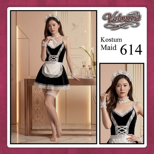 Veloura Maid Cosplay Set - Lingerie Kostum Pelayan Seksi Velvet Lace Corset Dress 614
