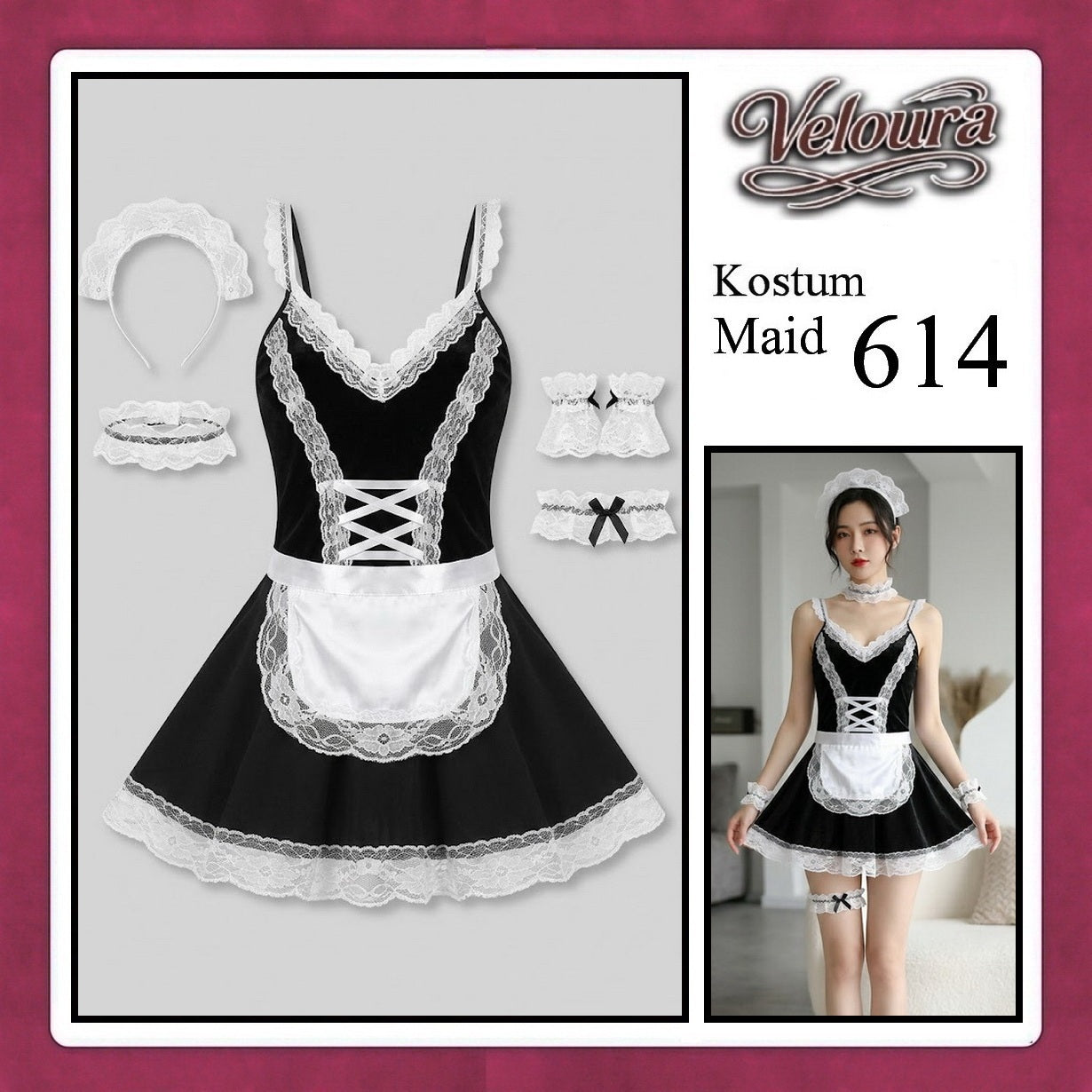 Veloura Maid Cosplay Set - Lingerie Kostum Pelayan Seksi Velvet Lace Corset Dress 614