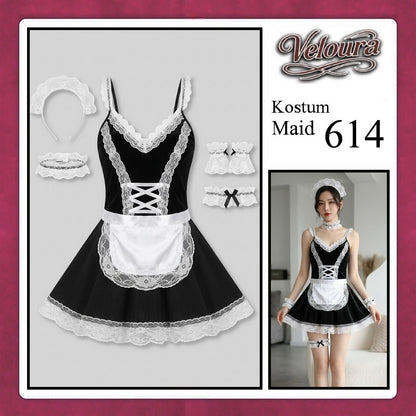 Veloura Maid Cosplay Set - Lingerie Kostum Pelayan Seksi Velvet Lace Corset Dress 614