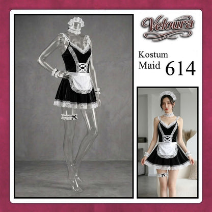 Veloura Maid Cosplay Set - Lingerie Kostum Pelayan Seksi Velvet Lace Corset Dress 614
