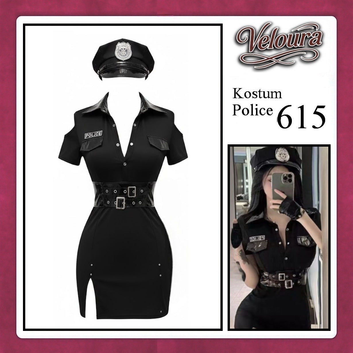 Veloura Police Cosplay Set - Lingerie Kostum Polwan Seksi Leather-Accent Bodycon Dress 615