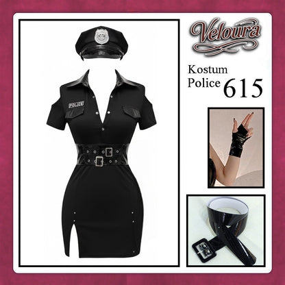 Veloura Police Cosplay Set - Lingerie Kostum Polwan Seksi Leather-Accent Bodycon Dress 615