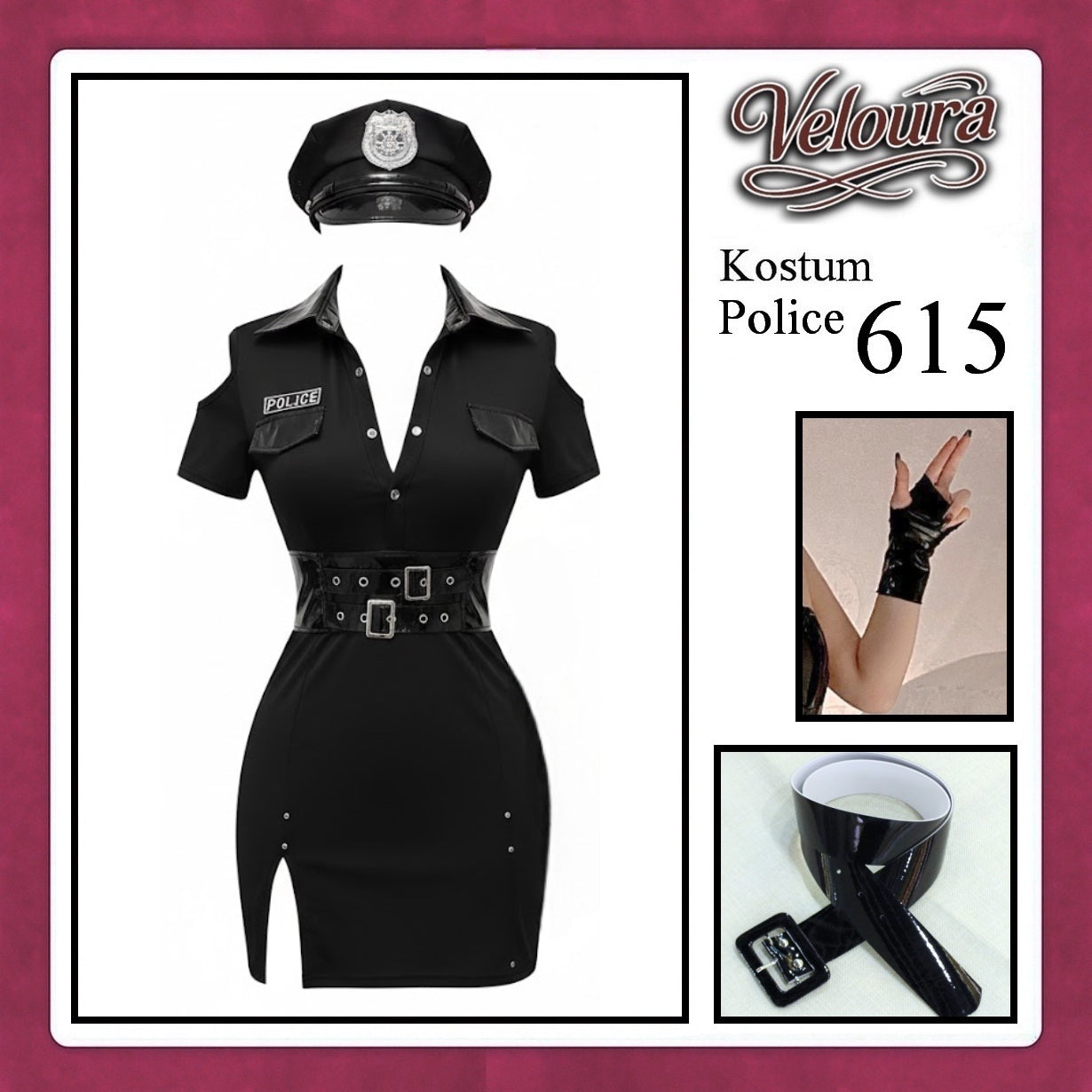 Veloura Police Cosplay Set - Lingerie Kostum Polwan Seksi Leather-Accent Bodycon Dress 615