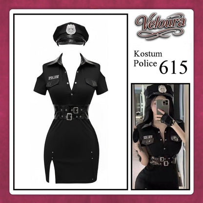 Veloura Police Cosplay Set - Lingerie Kostum Polwan Seksi Leather-Accent Bodycon Dress 615