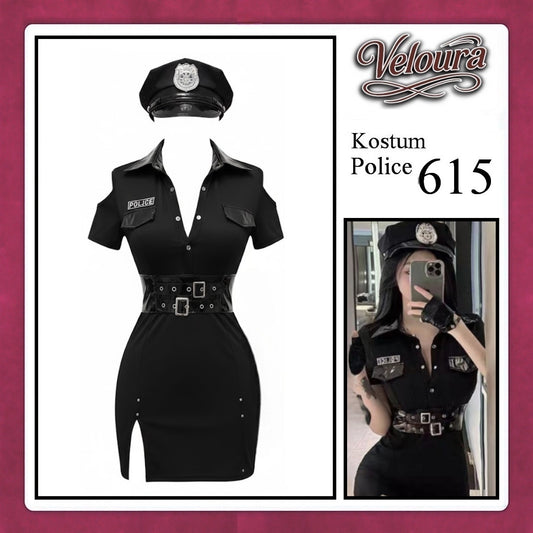 Veloura Police Cosplay Set - Lingerie Kostum Polwan Seksi Leather-Accent Bodycon Dress 615