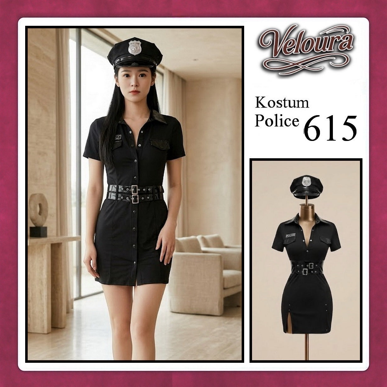 Veloura Police Cosplay Set - Lingerie Kostum Polwan Seksi Leather-Accent Bodycon Dress 615