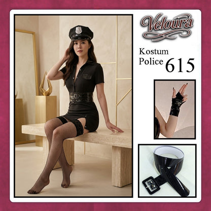 Veloura Police Cosplay Set - Lingerie Kostum Polwan Seksi Leather-Accent Bodycon Dress 615