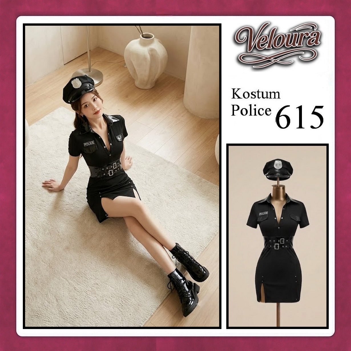Veloura Police Cosplay Set - Lingerie Kostum Polwan Seksi Leather-Accent Bodycon Dress 615