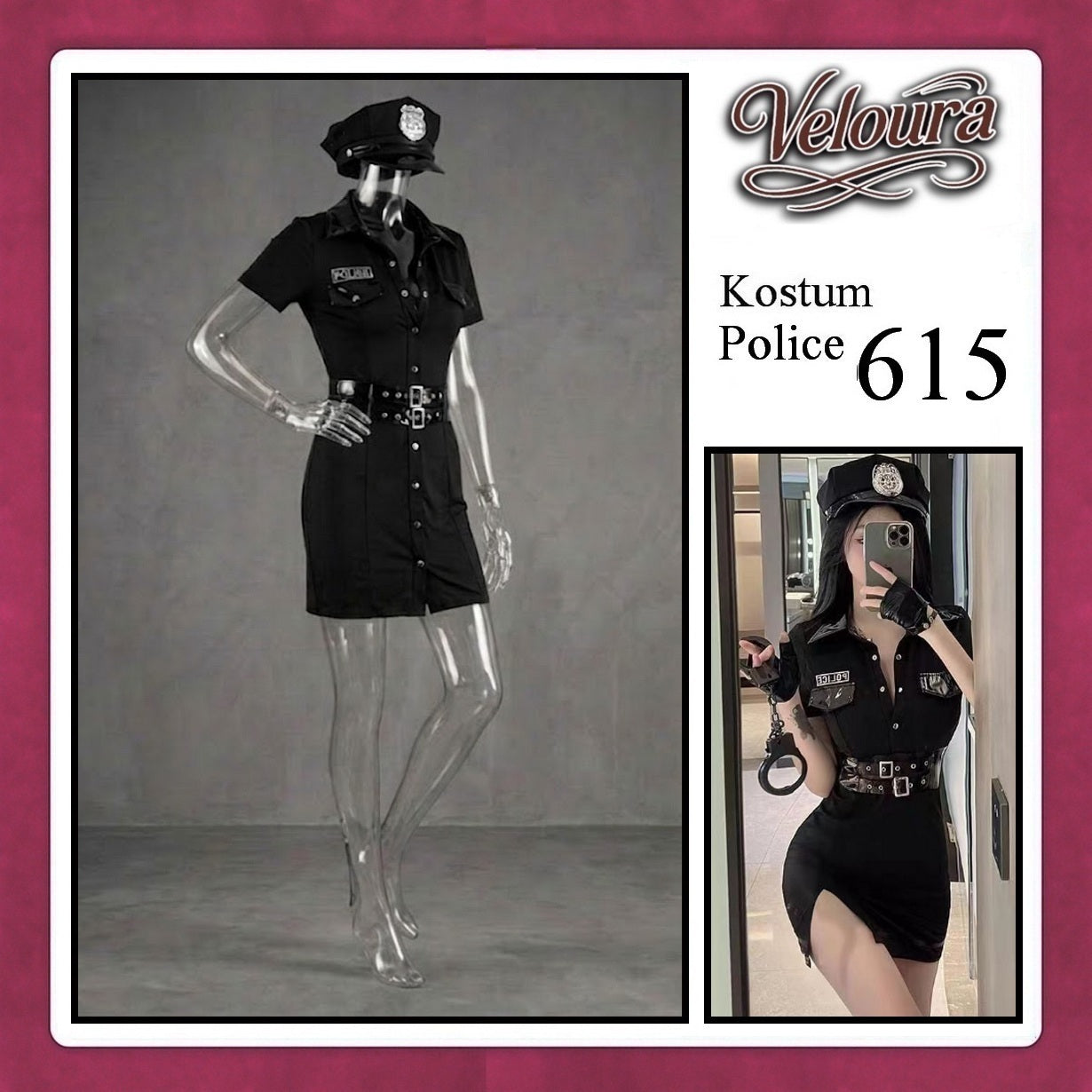 Veloura Police Cosplay Set - Lingerie Kostum Polwan Seksi Leather-Accent Bodycon Dress 615