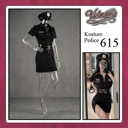 Veloura Police Cosplay Set - Lingerie Kostum Polwan Seksi Leather-Accent Bodycon Dress 615
