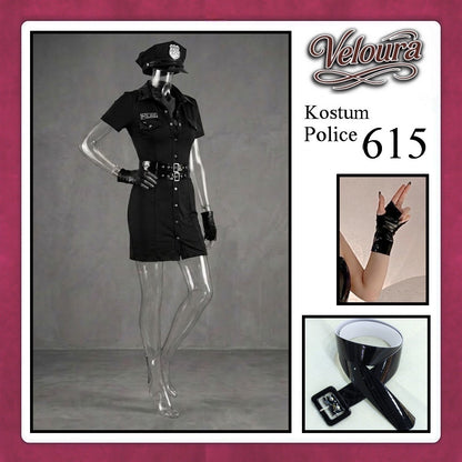 Veloura Police Cosplay Set - Lingerie Kostum Polwan Seksi Leather-Accent Bodycon Dress 615