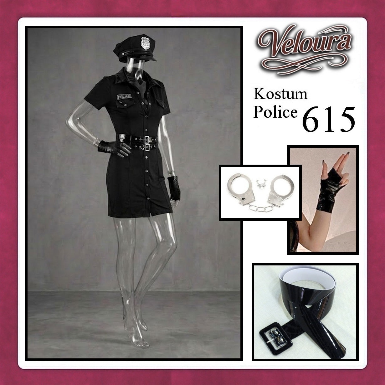 Veloura Police Cosplay Set - Lingerie Kostum Polwan Seksi Leather-Accent Bodycon Dress 615