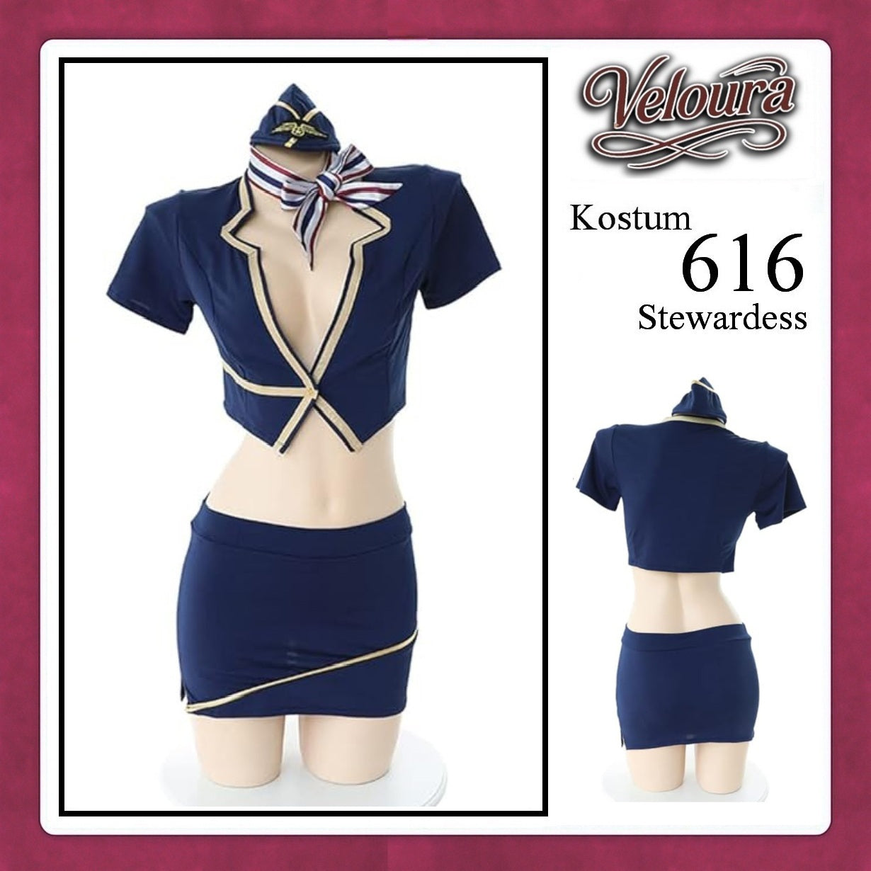 Veloura Stewardess Cosplay Set - Lingerie Kostum Pramugari Seksi Two-Piece Deep V-Neck Mini Skirt 616