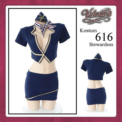Veloura Stewardess Cosplay Set - Lingerie Kostum Pramugari Seksi Two-Piece Deep V-Neck Mini Skirt 616