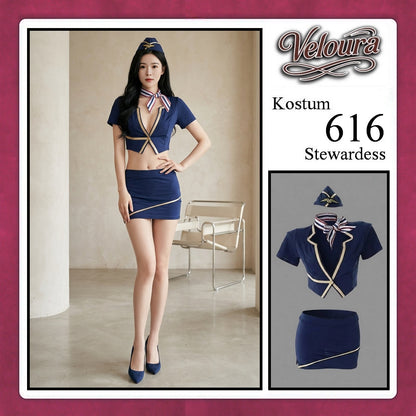 Veloura Stewardess Cosplay Set - Lingerie Kostum Pramugari Seksi Two-Piece Deep V-Neck Mini Skirt 616