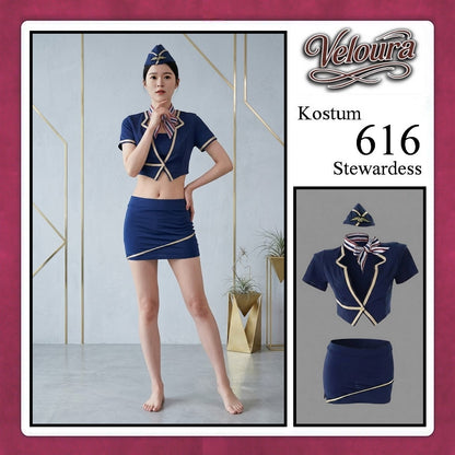 Veloura Stewardess Cosplay Set - Lingerie Kostum Pramugari Seksi Two-Piece Deep V-Neck Mini Skirt 616