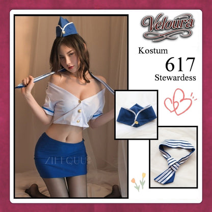 Veloura Stewardess Cosplay Set 617 - Lingerie Kostum Pramugari Seksi Crop Blouse Mini Skirt