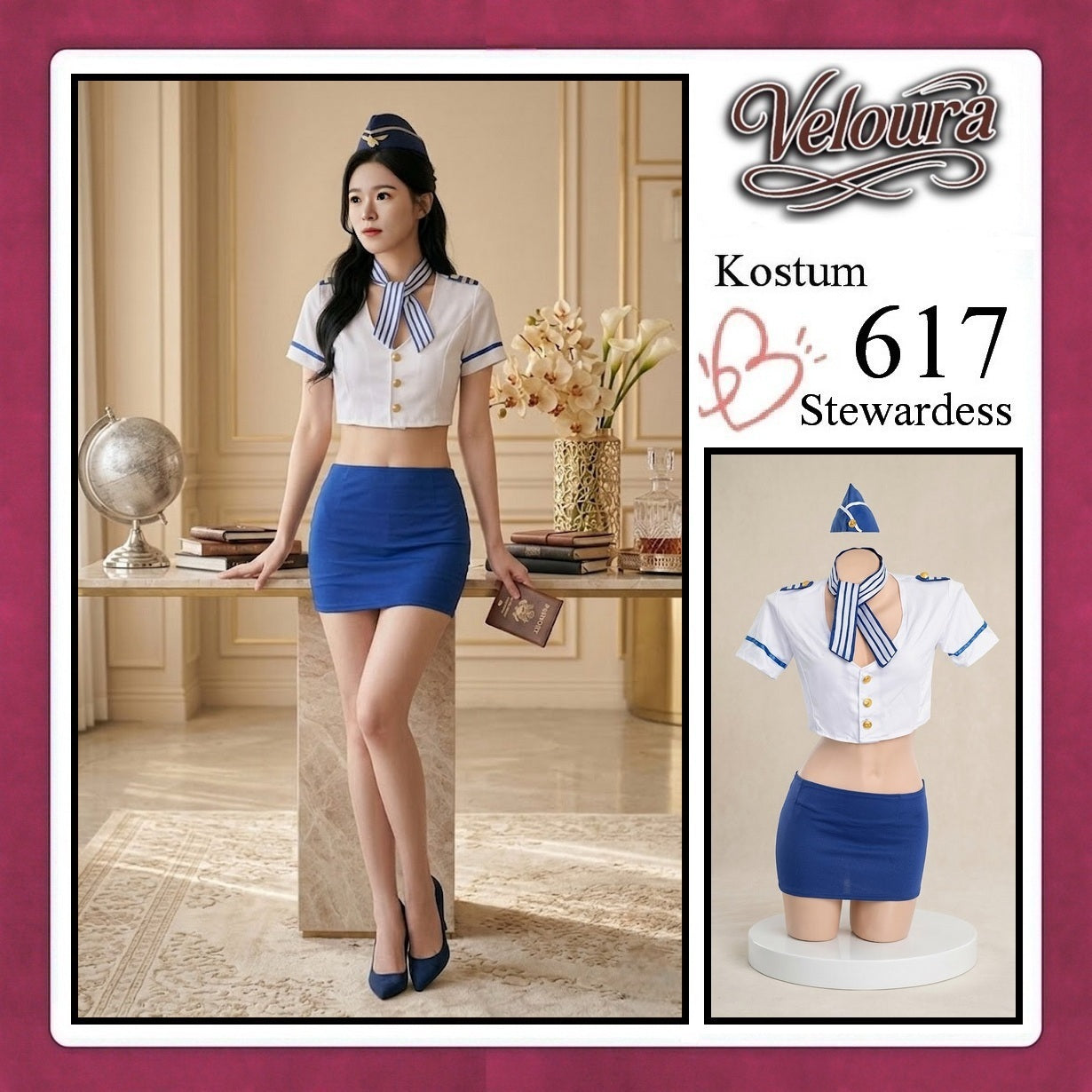 Veloura Stewardess Cosplay Set 617 - Lingerie Kostum Pramugari Seksi Crop Blouse Mini Skirt