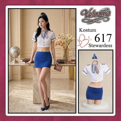 Veloura Stewardess Cosplay Set 617 - Lingerie Kostum Pramugari Seksi Crop Blouse Mini Skirt