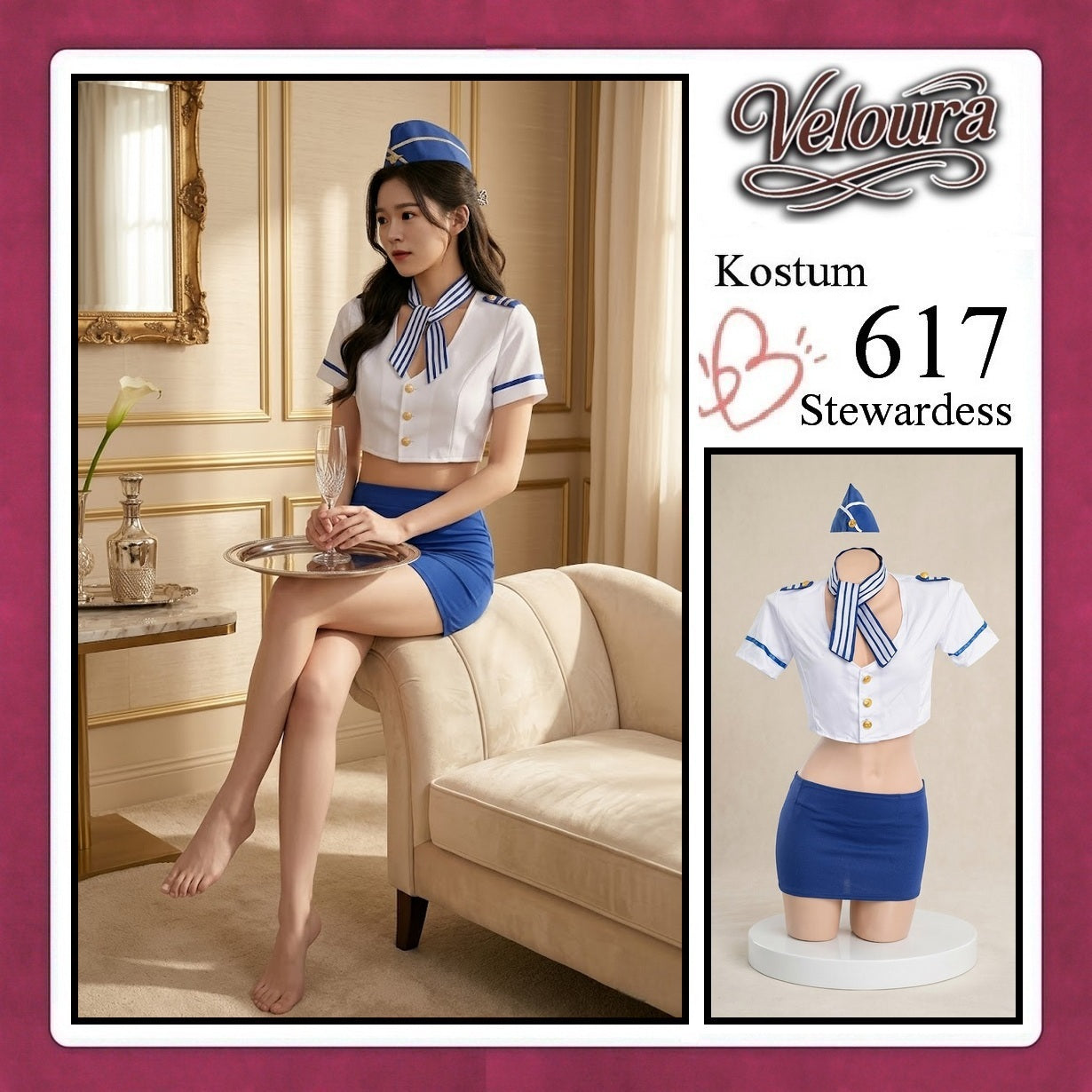 Veloura Stewardess Cosplay Set 617 - Lingerie Kostum Pramugari Seksi Crop Blouse Mini Skirt
