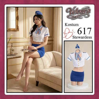 Veloura Stewardess Cosplay Set 617 - Lingerie Kostum Pramugari Seksi Crop Blouse Mini Skirt