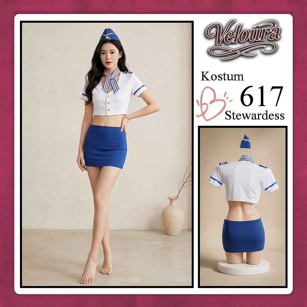 Veloura Stewardess Cosplay Set 617 - Lingerie Kostum Pramugari Seksi Crop Blouse Mini Skirt