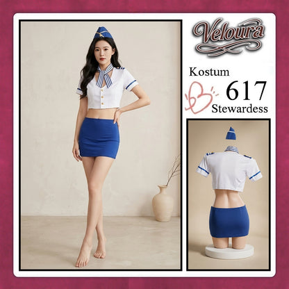 Veloura Stewardess Cosplay Set 617 - Lingerie Kostum Pramugari Seksi Crop Blouse Mini Skirt