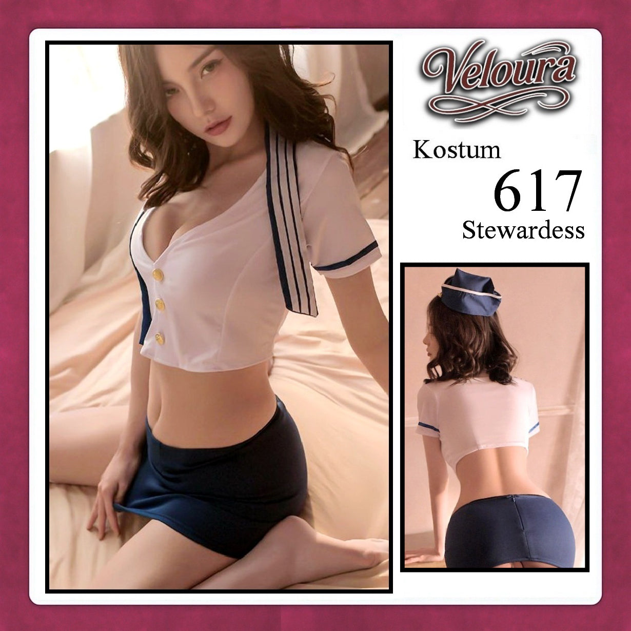 Veloura Stewardess Cosplay Set 617 - Lingerie Kostum Pramugari Seksi Crop Blouse Mini Skirt