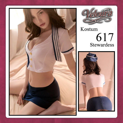 Veloura Stewardess Cosplay Set 617 - Lingerie Kostum Pramugari Seksi Crop Blouse Mini Skirt