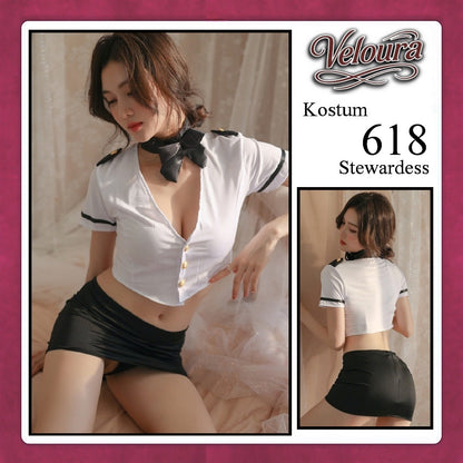 Veloura Stewardess Cosplay Set - Lingerie Kostum Pramugari Seksi Monochrome Crop Shirt Mini Skirt 618