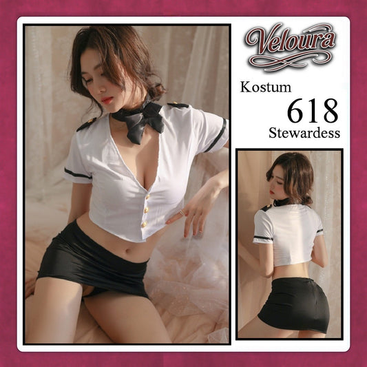 Veloura Stewardess Cosplay Set - Lingerie Kostum Pramugari Seksi Monochrome Crop Shirt Mini Skirt 618