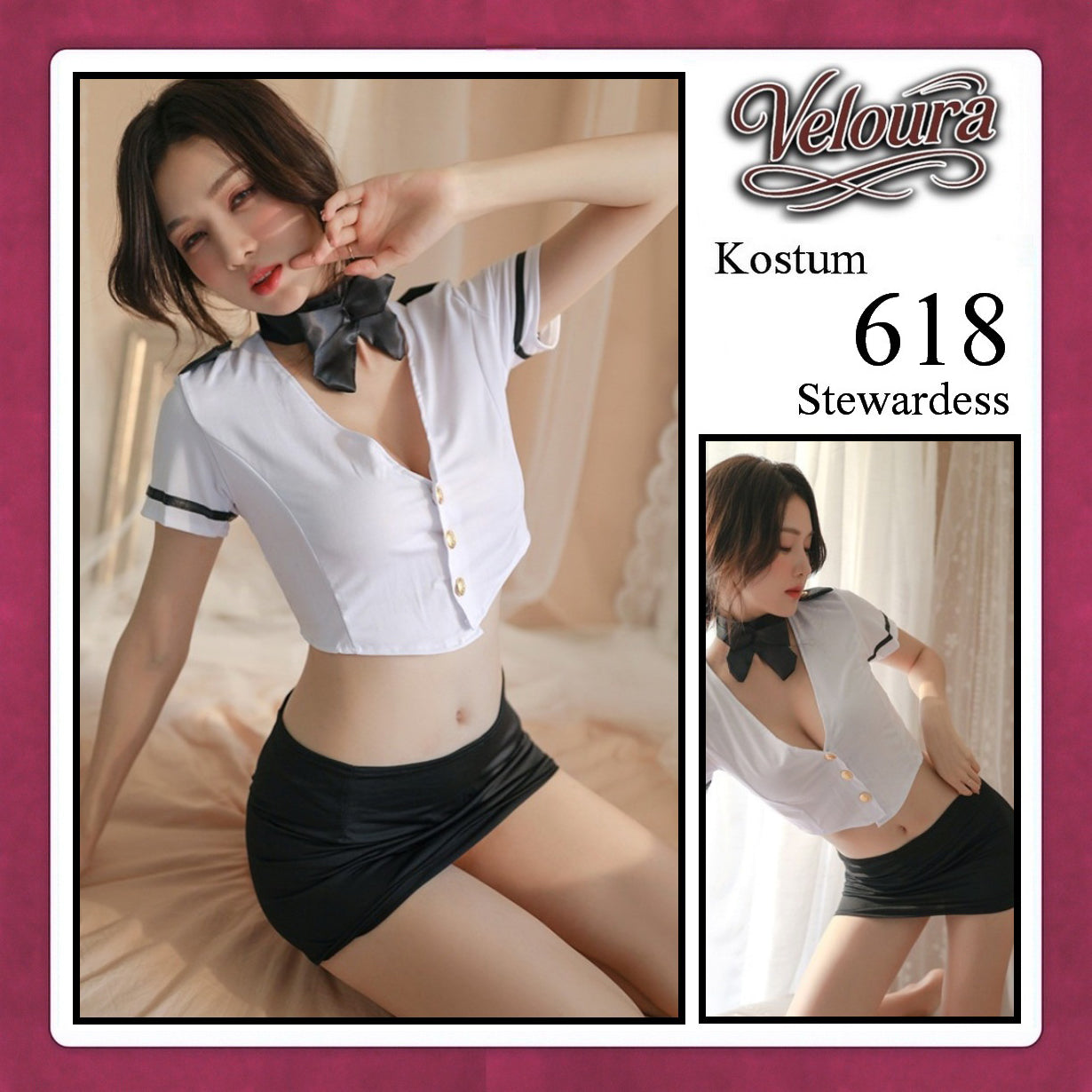 Veloura Stewardess Cosplay Set - Lingerie Kostum Pramugari Seksi Monochrome Crop Shirt Mini Skirt 618