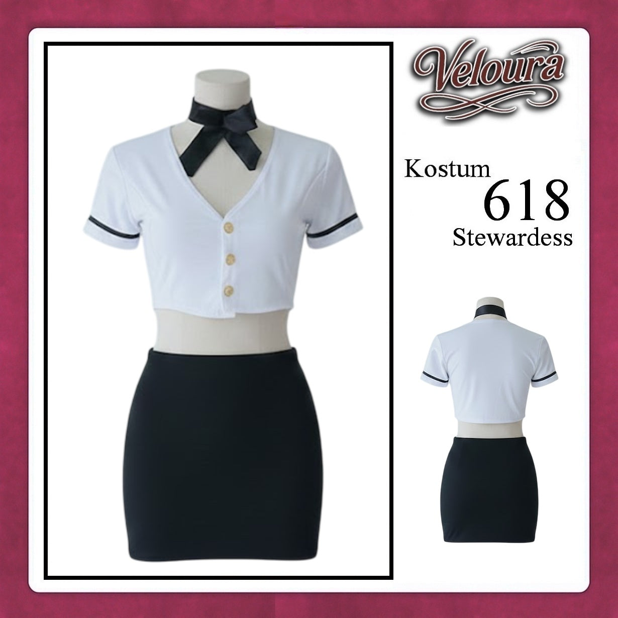 Veloura Stewardess Cosplay Set - Lingerie Kostum Pramugari Seksi Monochrome Crop Shirt Mini Skirt 618