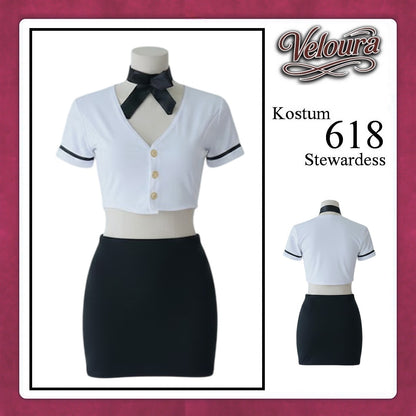 Veloura Stewardess Cosplay Set - Lingerie Kostum Pramugari Seksi Monochrome Crop Shirt Mini Skirt 618