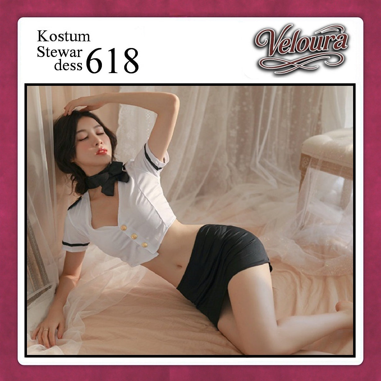 Veloura Stewardess Cosplay Set - Lingerie Kostum Pramugari Seksi Monochrome Crop Shirt Mini Skirt 618