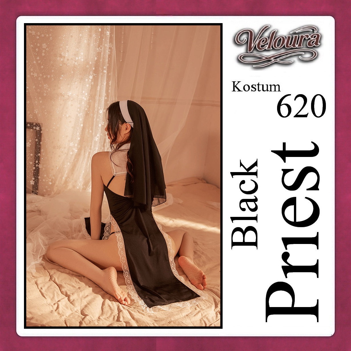Veloura Black Priest Cosplay Set - Lingerie Kostum Biarawati Seksi High-Slit Cheongsam Backless Dress 620