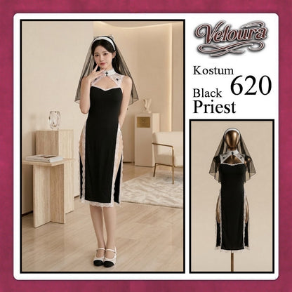 Veloura Black Priest Cosplay Set - Lingerie Kostum Biarawati Seksi High-Slit Cheongsam Backless Dress 620