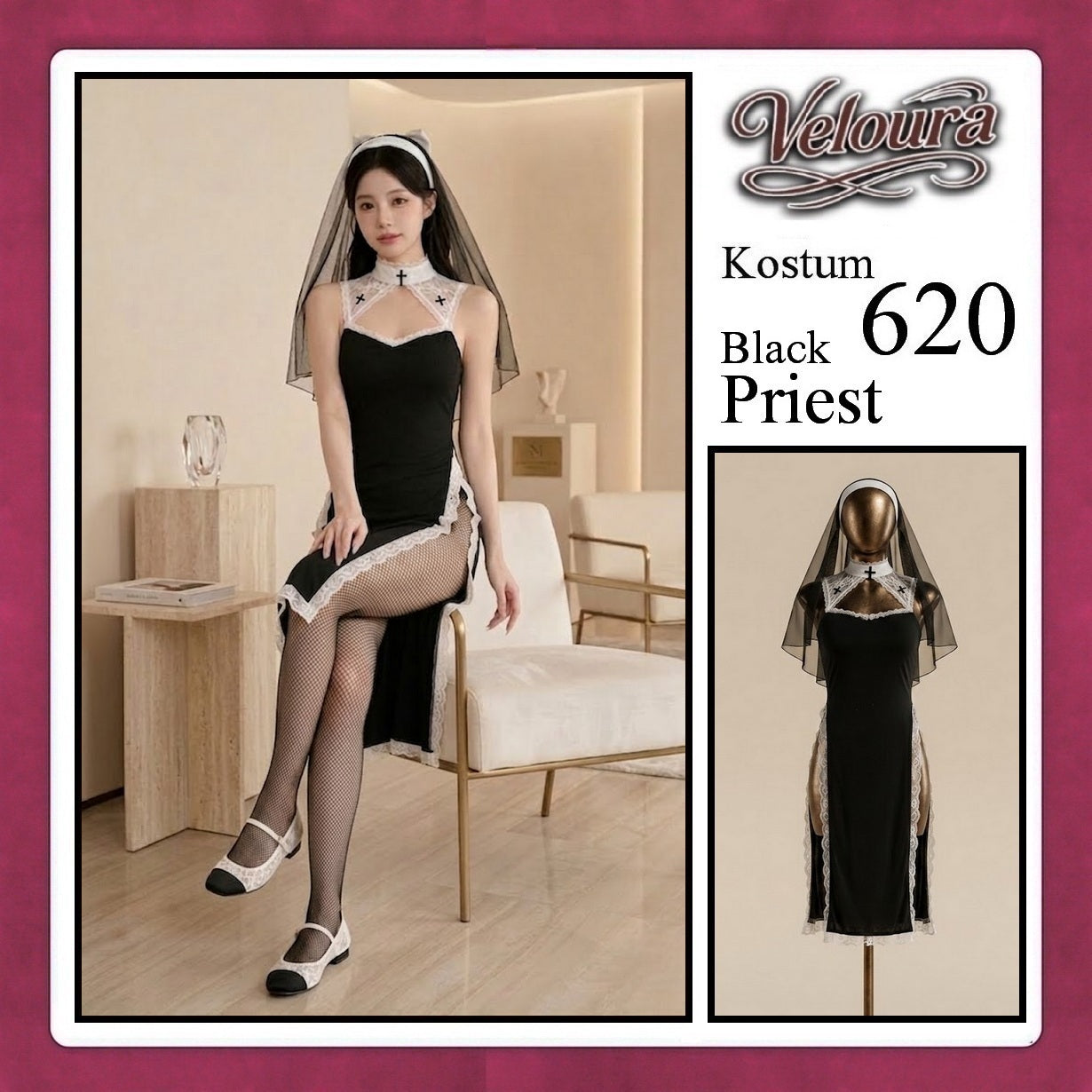 Veloura Black Priest Cosplay Set - Lingerie Kostum Biarawati Seksi High-Slit Cheongsam Backless Dress 620