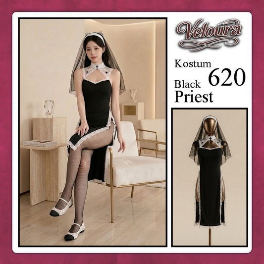 Veloura Black Priest Cosplay Set - Lingerie Kostum Biarawati Seksi High-Slit Cheongsam Backless Dress 620