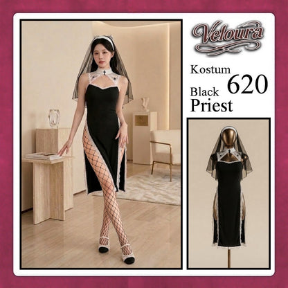 Veloura Black Priest Cosplay Set - Lingerie Kostum Biarawati Seksi High-Slit Cheongsam Backless Dress 620