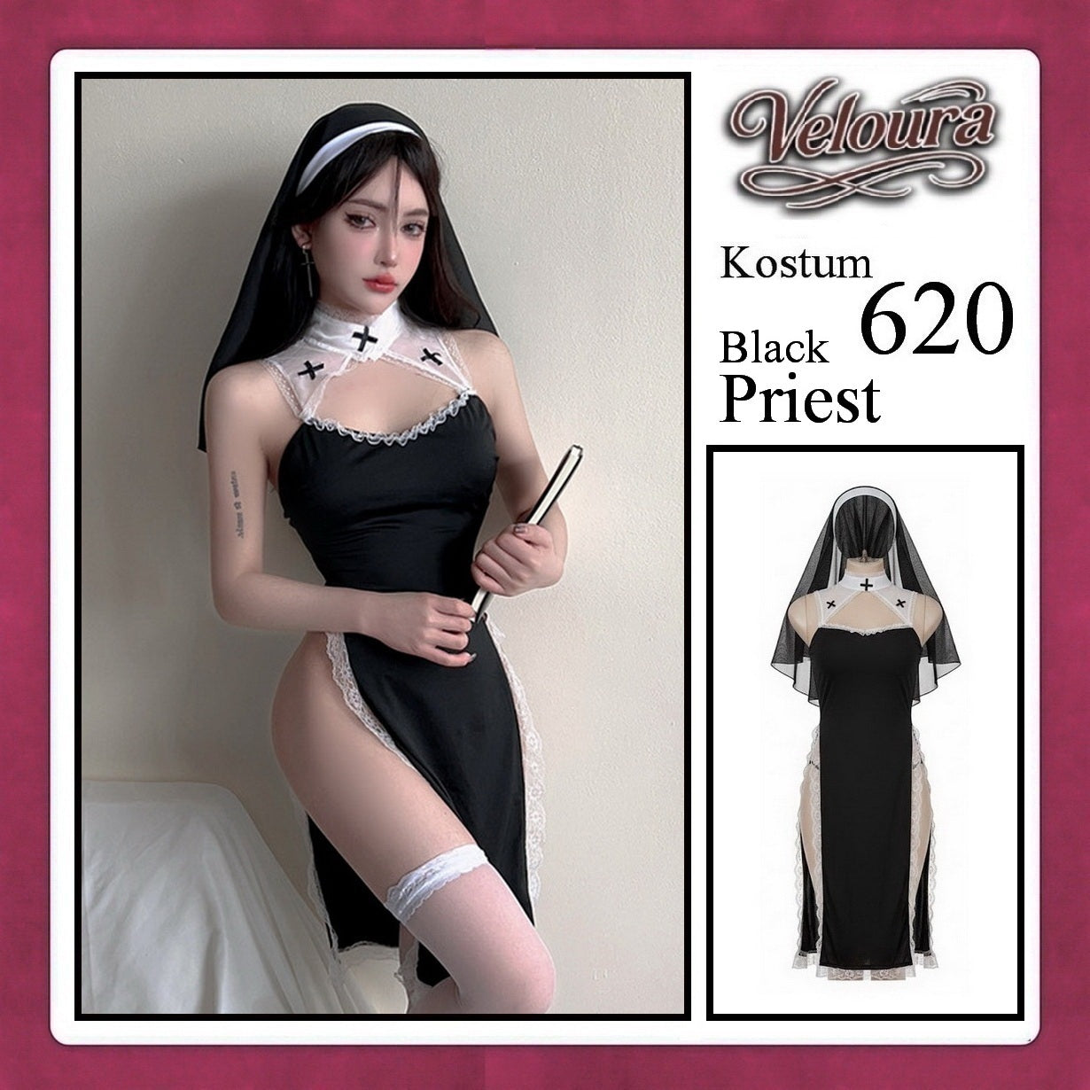 Veloura Black Priest Cosplay Set - Lingerie Kostum Biarawati Seksi High-Slit Cheongsam Backless Dress 620