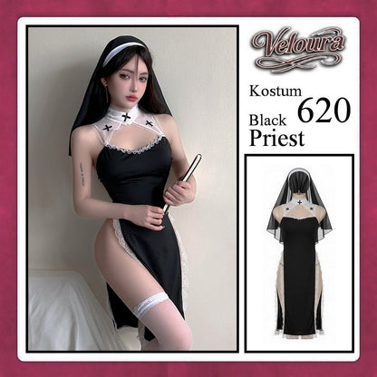 Veloura Black Priest Cosplay Set - Lingerie Kostum Biarawati Seksi High-Slit Cheongsam Backless Dress 620