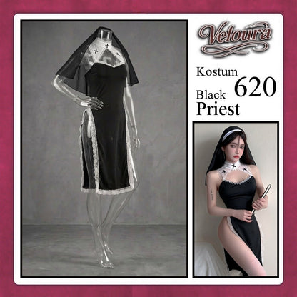 Veloura Black Priest Cosplay Set - Lingerie Kostum Biarawati Seksi High-Slit Cheongsam Backless Dress 620