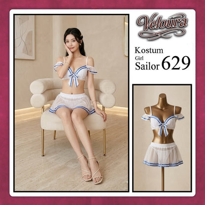 Veloura Girl Sailor Cosplay Set - Lingerie Kostum Pelaut Seksi Two-Piece Mesh Mini Skirt 629
