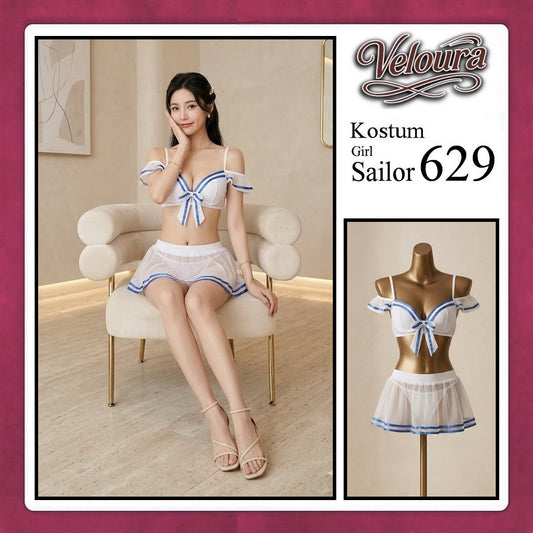 Veloura Girl Sailor Cosplay Set - Lingerie Kostum Pelaut Seksi Two-Piece Mesh Mini Skirt 629