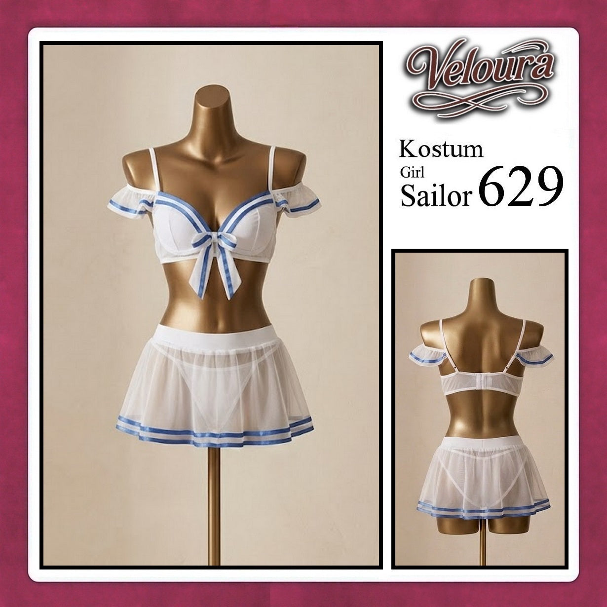 Veloura Girl Sailor Cosplay Set - Lingerie Kostum Pelaut Seksi Two-Piece Mesh Mini Skirt 629