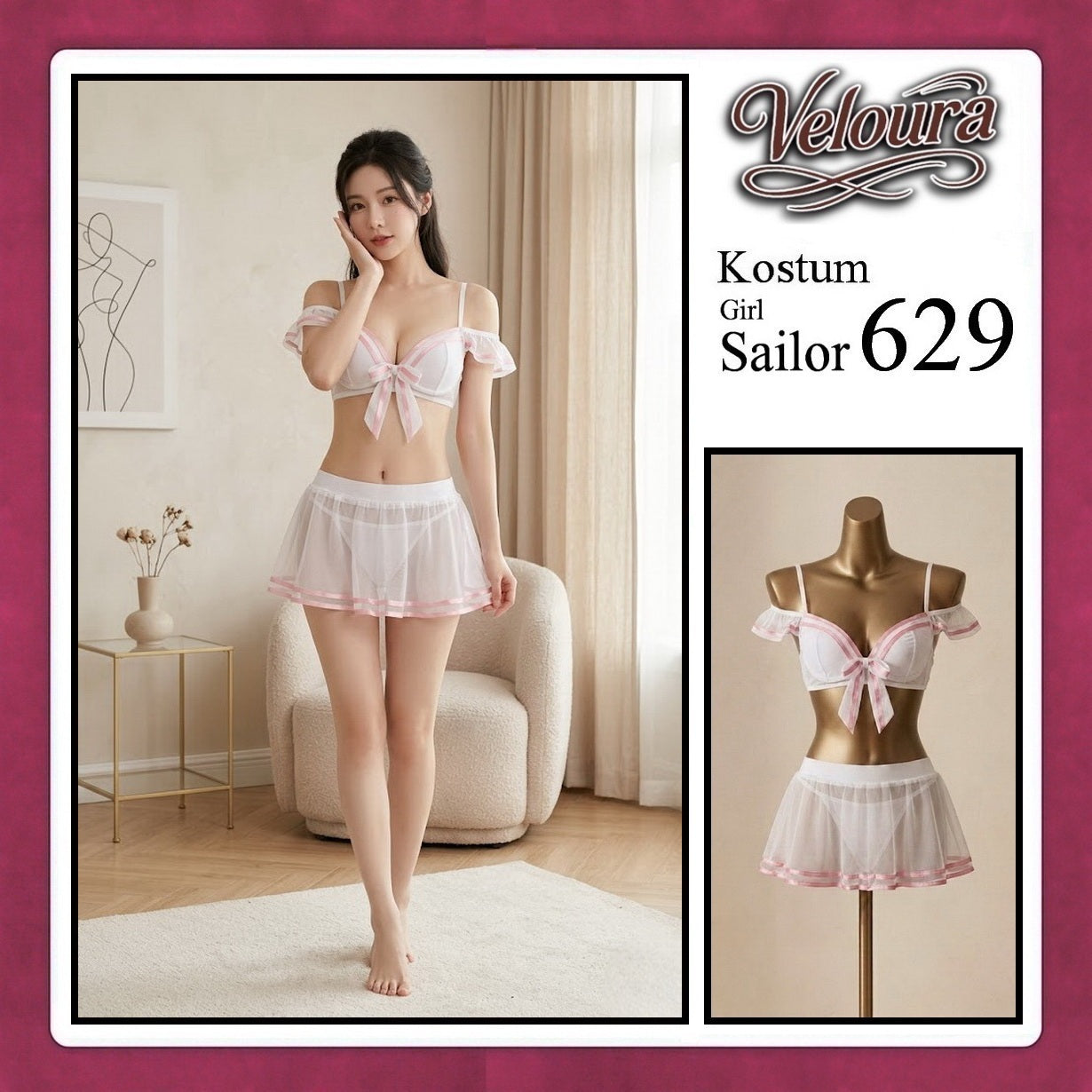 Veloura Girl Sailor Cosplay Set - Lingerie Kostum Pelaut Seksi Two-Piece Mesh Mini Skirt 629