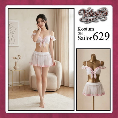 Veloura Girl Sailor Cosplay Set - Lingerie Kostum Pelaut Seksi Two-Piece Mesh Mini Skirt 629