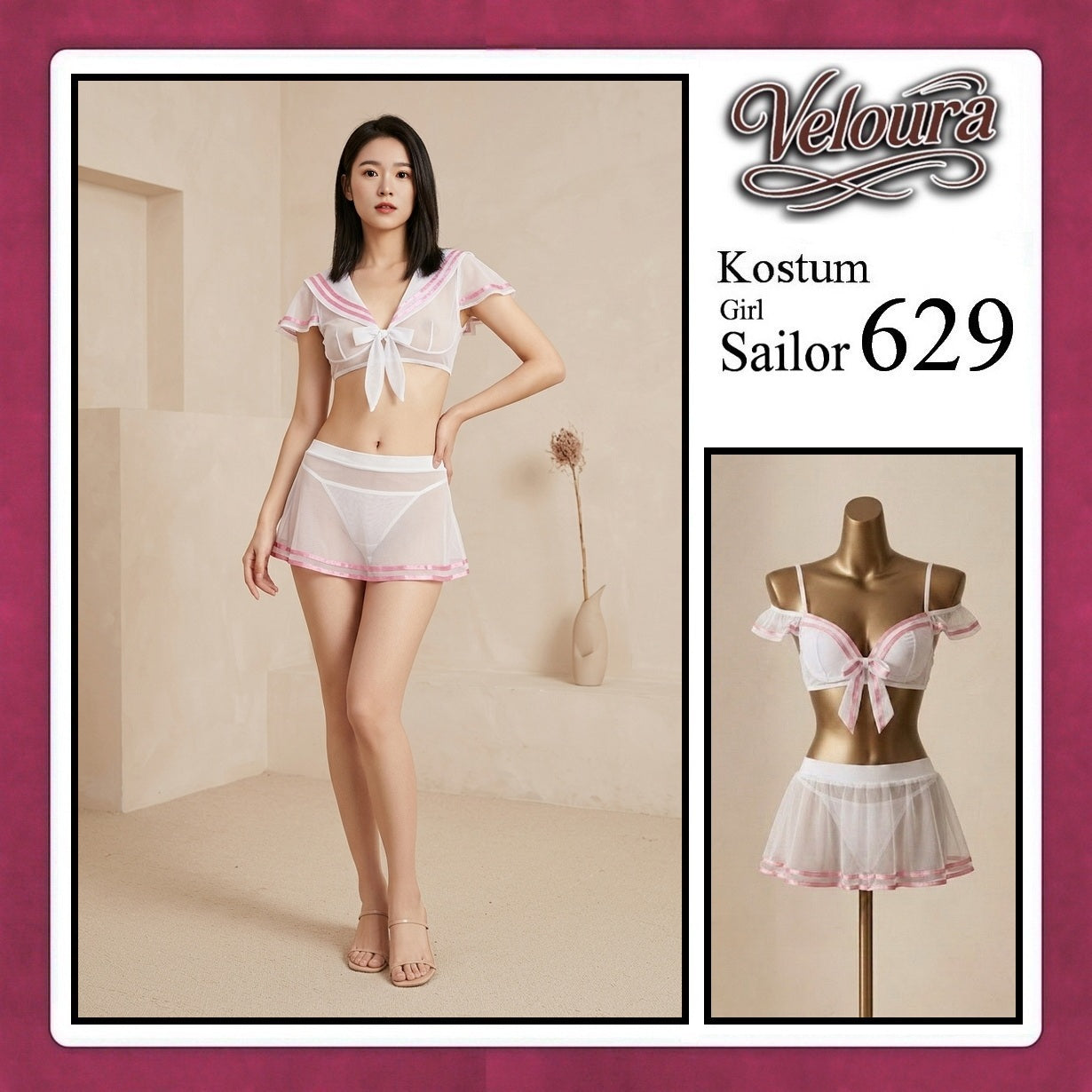 Veloura Girl Sailor Cosplay Set - Lingerie Kostum Pelaut Seksi Two-Piece Mesh Mini Skirt 629